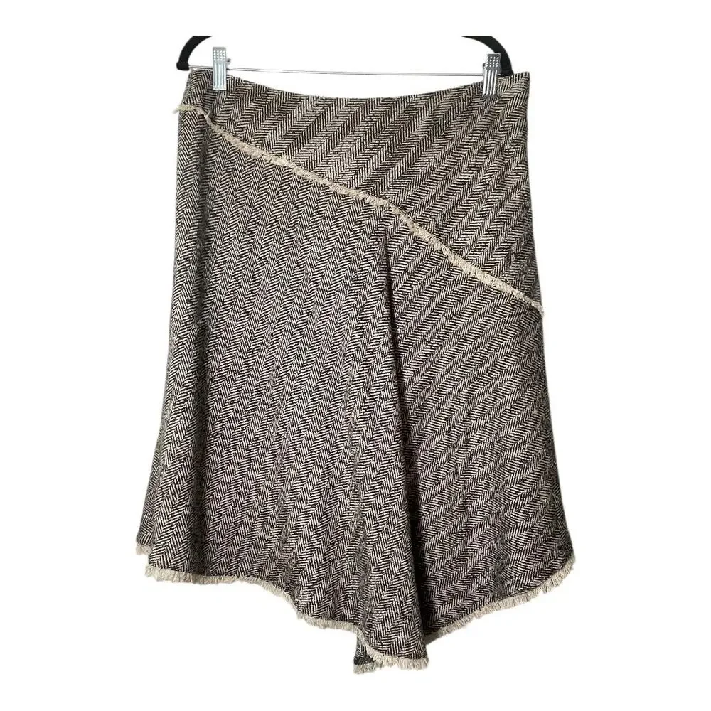 DKNY Asymmetric Hem Herringbone Skirt Knee Length Academia Size 12 Wool Blend